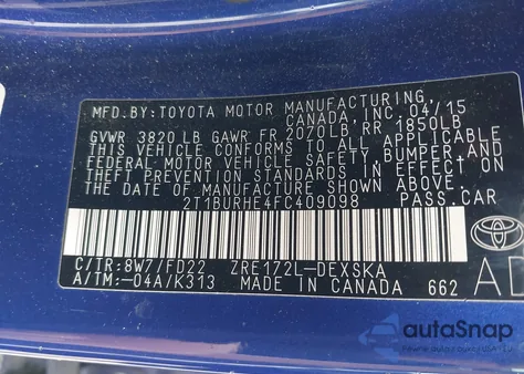 2015 Toyota Corolla S Plus from USA, damaged, VIN 2T1BURHE4FC409098